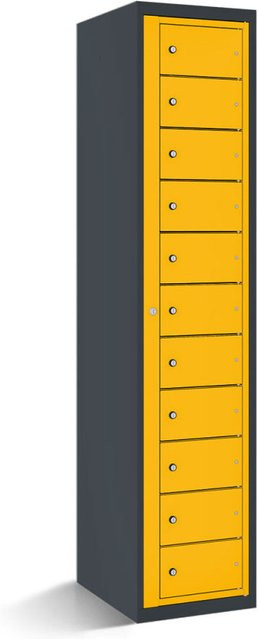 rotstahl Fächerschrank mit 11 Fächern und Zentraltür, Korpus Anthrazitgrau und Türen Gelb, B/T/H: 40 x 50 x 180 cm - Bild 1