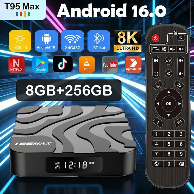 Smart TV Box T95Max Android 16 Media Streamer mit Allwinner H618 und Google Assistant in Schwarz - Bild 1