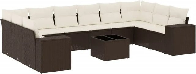 vidaXL 11-tlg. Garten-Sofagarnitur in L-Form aus Polyrattan mit Kissen, Braun - Bild 1