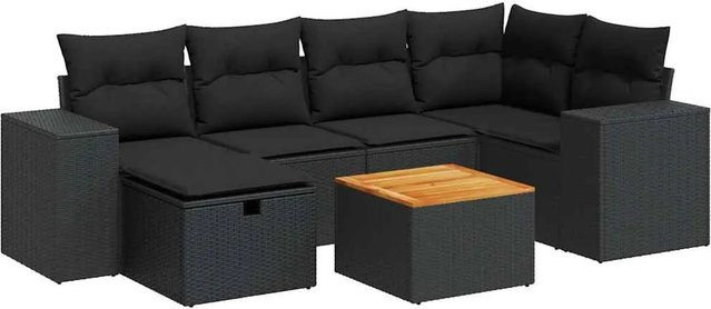 vidaXL 7-teilige Garten-Sitzgruppe in L-Form mit Kissen, Schwarz - Bild 1