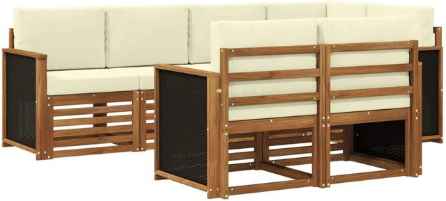 vidaXL Ecksofa Set in L-Form aus massivem Akazienholz mit 6 Mittelsesseln und Kissen in Natur und Creme - Bild 1