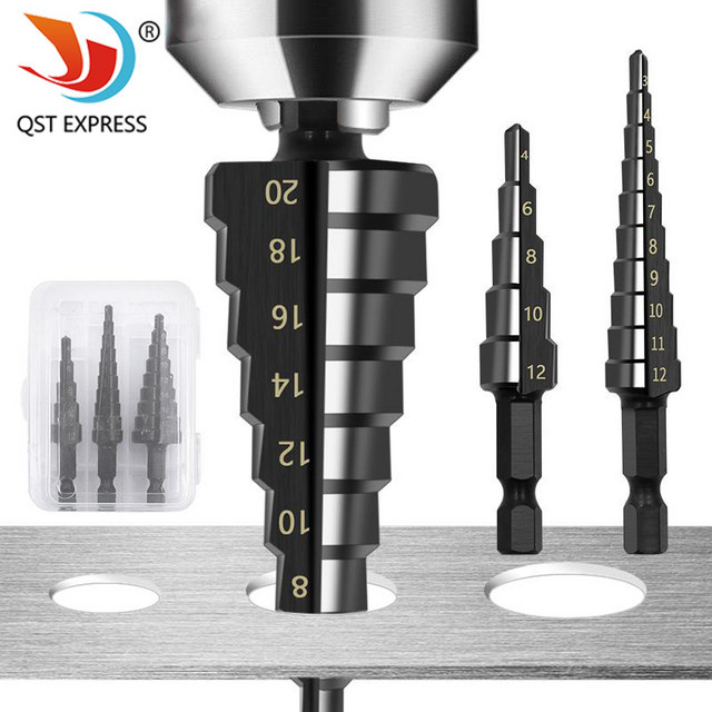 QSTEXPRESS Pagodenbohrer-Loch-Set aus Schnellarbeitsstahl mit Sechskantgriff und gerader Nut, schwarz, Durchmesser 3–12 mm, 4–12 mm und 4–20 mm - Bild 1