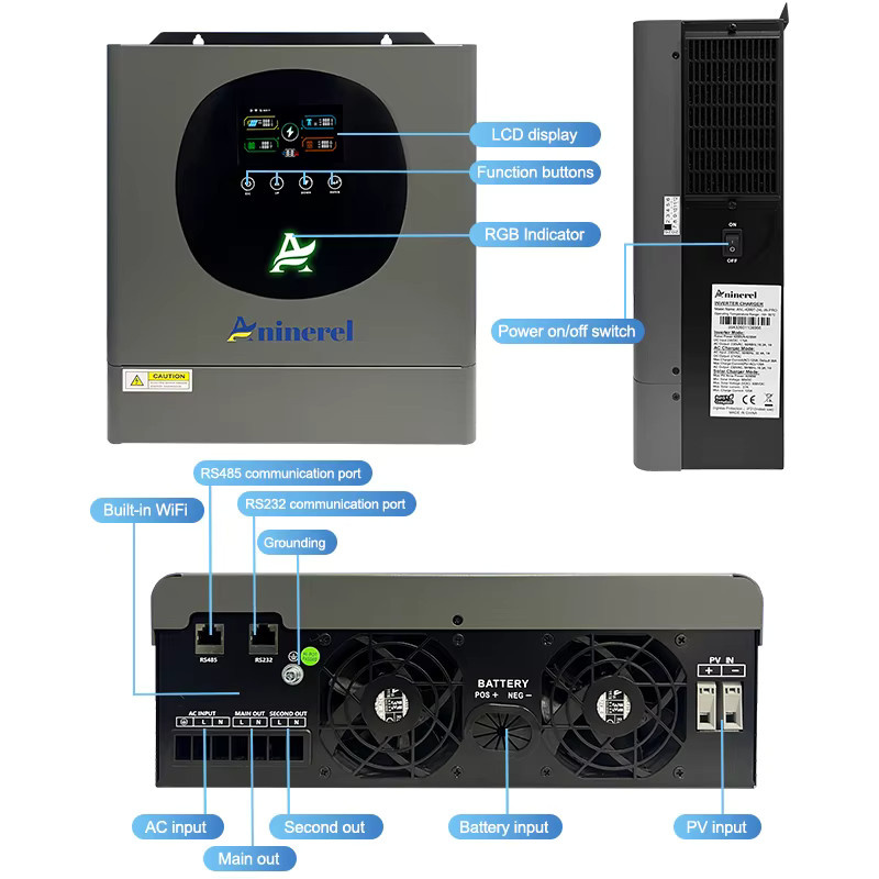 Aninerel Hybrid-Wechselrichter mit MPPT Solarladeregler in Grau, 2KW/4KW, 12V/24V, 220V, 60A/120A, PV 160VDC-500VDC - Bild 1