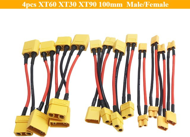 4 Stück XT60 XT30 XT90 Batterieanschluss Dual-Verlängerung aus Silikon in Gelb, 100 mm, männlich/weiblich für Batterieladegerät und Motor - Bild 1
