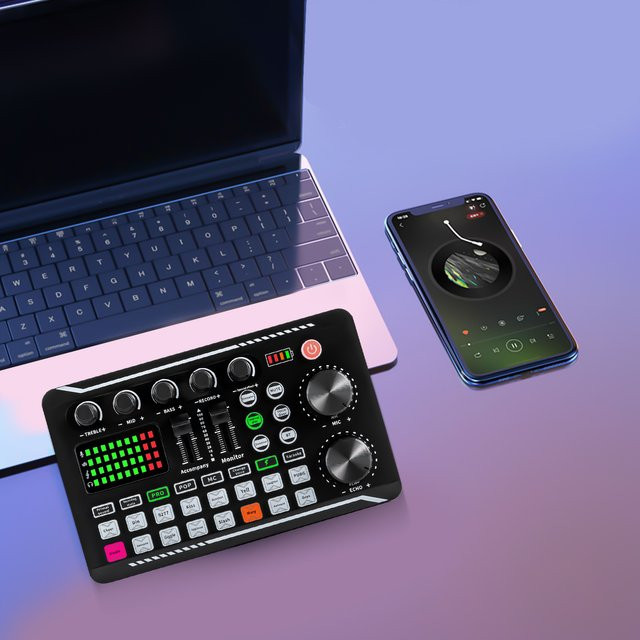 Bymaocar F998 Live-Streaming-Soundkarte mit DJ-Mixer-Effekten und Bluetooth in Schwarz - Bild 1