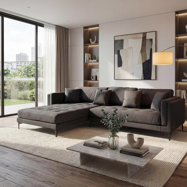 Ecksofa MCW-M27 in L-Form mit Massivholzrahmen und Schlaffunktion, Stoff Dunkelgrau, Breite: 293 cm - Bild 1