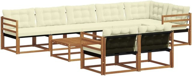 vidaXL Outdoor-Sofagarnitur 9-tlg. in L-Form aus massivem Akazienholz mit Textilene und Kissen, Natur und Creme - Bild 1