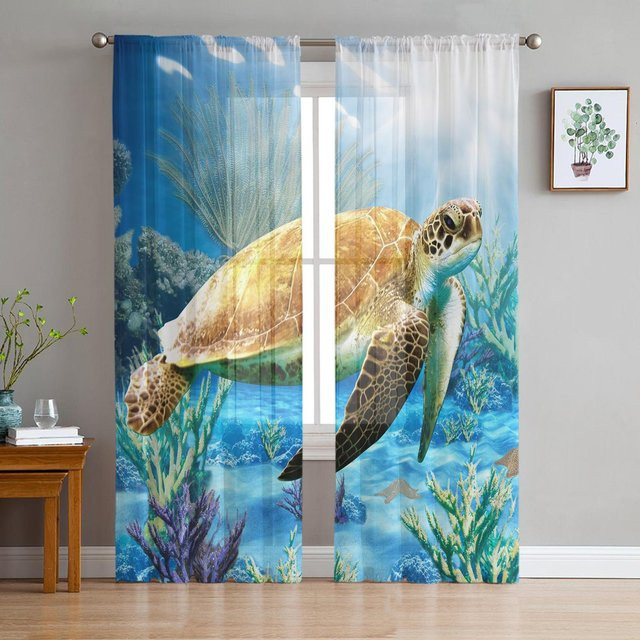 A Family Of Home Textiles Transparent Voile Vorhang mit Ozean Unterwasser Motiv Schildkröte und Korallen in Blau, Breite: 135 cm, Höhe: 114 cm - Bild 1