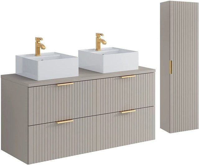 Vente-unique Badmöbel-Set Zevara in Beige im Art-Déco-Stil mit Aufsatzwaschbecken und Hochschrank, Breite: 120 cm - Bild 1