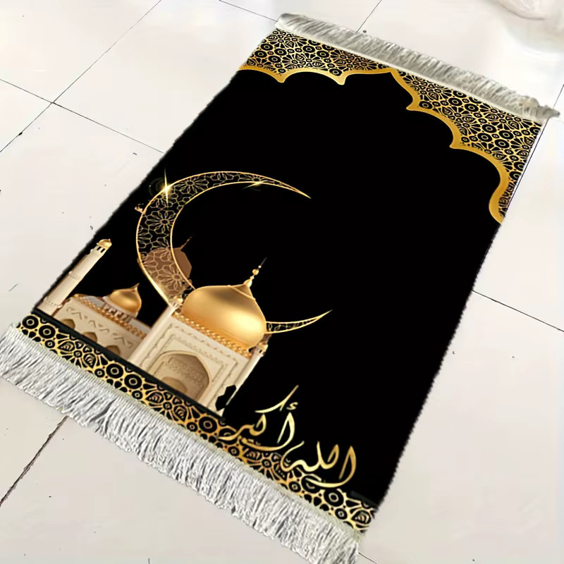 VIKAMA Gebetsteppich Halbmond-Design in Schwarz-Gold mit weißen Quasten, luxuriöse islamische Anbetungsmatte mit orientalischem Ornament für dein Zuhause oder Schlafzimmer - Bild 2