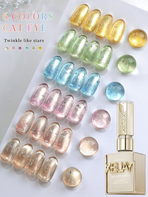 XEIJAYI Twinkle Mermaid Bubble Glitter Cat Eye Gel Nagellack Set, 6 x 15 ml, schimmernd - Bild 1
