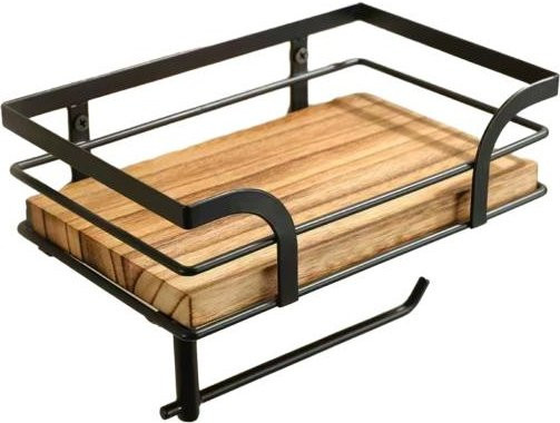 CO&LO Rustikaler Bauernhaus Toilettenpapierhalter mit Ablage aus Holz und Metall in Schwarz, Wandmontage, B/T/H: 51,6 x 25,8 x 2,6 cm - Bild 1