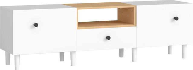 HOMCOM TV-Unterschrank mit 2 Klapptüren, Schublade und offenem Fach in Weiß und Holzoptik, B/T/H: 150 x 35 x 45 cm - Bild 1