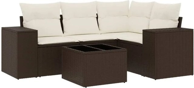 vidaXL 5-teilige Garten-Sofagarnitur in L-Form aus braunem Poly-Rattan mit cremeweißen Polsterkissen - Bild 1