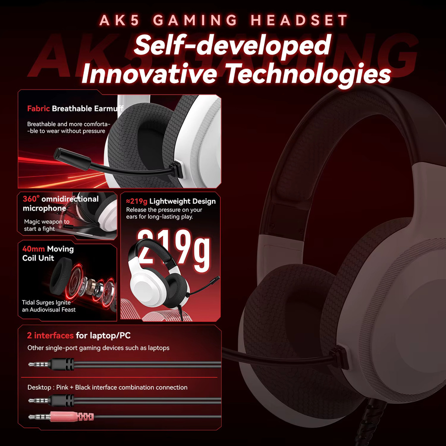 SMAILWOLF AK5 Gaming-Headset mit Mikrofon, kabelgebundenes E-Sport-Headset für PC und Laptop, Weiß - Bild 3