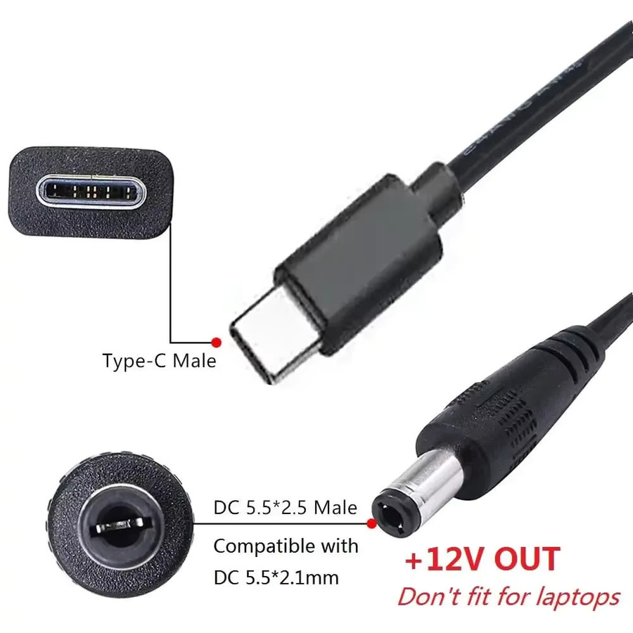 2-in-1 USB-C auf 12 V DC-Klinkenstecker Adapterkabel Typ C PD für LCD-Monitore und Kameras, Schwarz, Anschluss: 5,5 x 2,5 mm - Bild 3