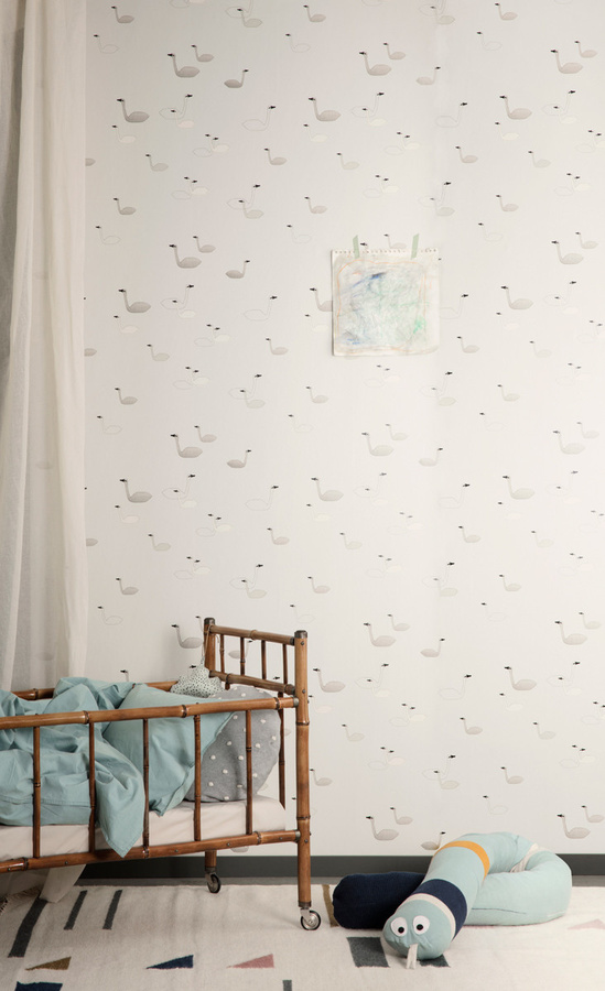 Ferm Living Tapete Swan Grey in Grau und Weiß mit Tiermotiv für das Kinderzimmer - Bild 1
