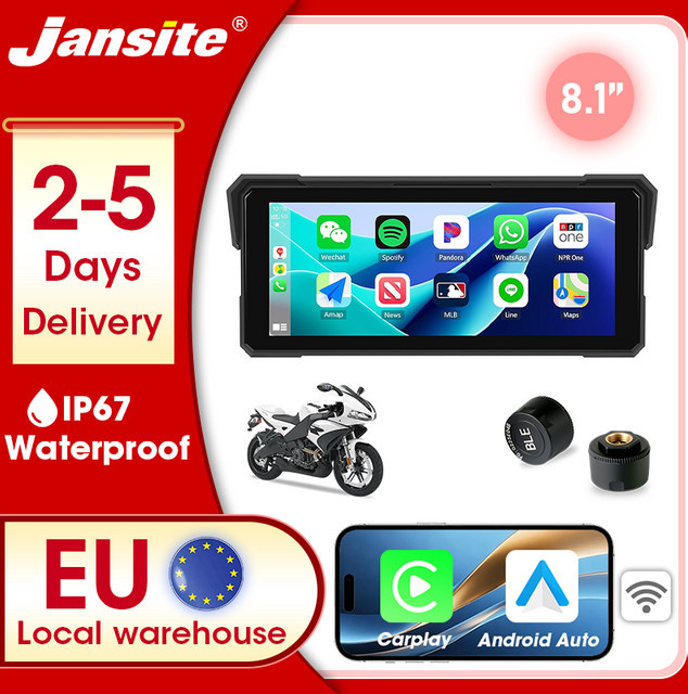 Jansite Motorrad-GPS-Navigationsgerät mit 8,1 Zoll IPS-Bildschirm, kabelloses CarPlay und Android Auto, wasserdicht nach IPX7, digitales Moto-Armaturenbrett mit TPMS, Schwarz - Bild 1