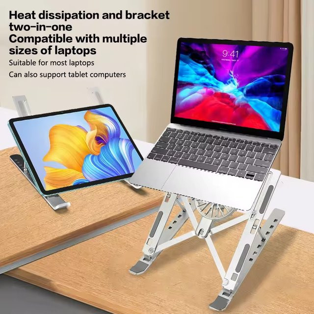 Aumengear Verstellbarer Laptop-Kühlständer aus Aluminiumlegierung mit Lüfter, faltbar und tragbar, Farbe: Schwarz - Bild 1