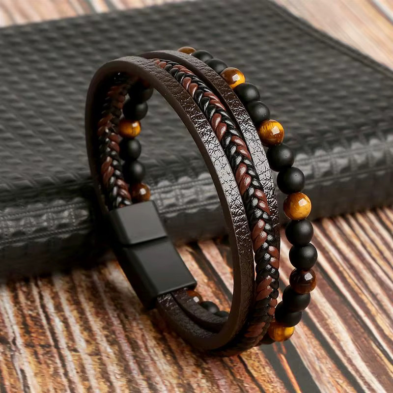 Jiayiqi Armband, Leder, Perle, Schwarz, Herren - Bild 2