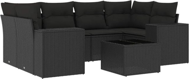 vidaXL 7-teilige Garten-Sofagarnitur in L-Form aus schwarzem Poly-Rattan mit Kissen und pulverbeschichtetem Stahlgestell - Bild 1