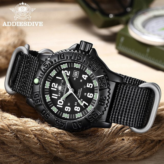 Addies Armbanduhr, Quarz, Edelstahl, Nylon, Herren, Schwarz, Grün - Bild 1