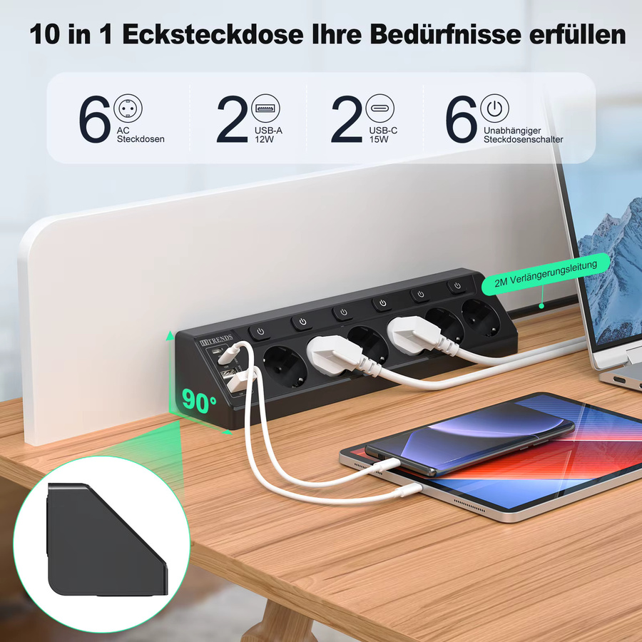 HITRENDS 6-Wege-Eck-Steckdosenleiste in Schwarz mit 2 USB-C Anschlüssen und 2 m Kabel - Bild 2