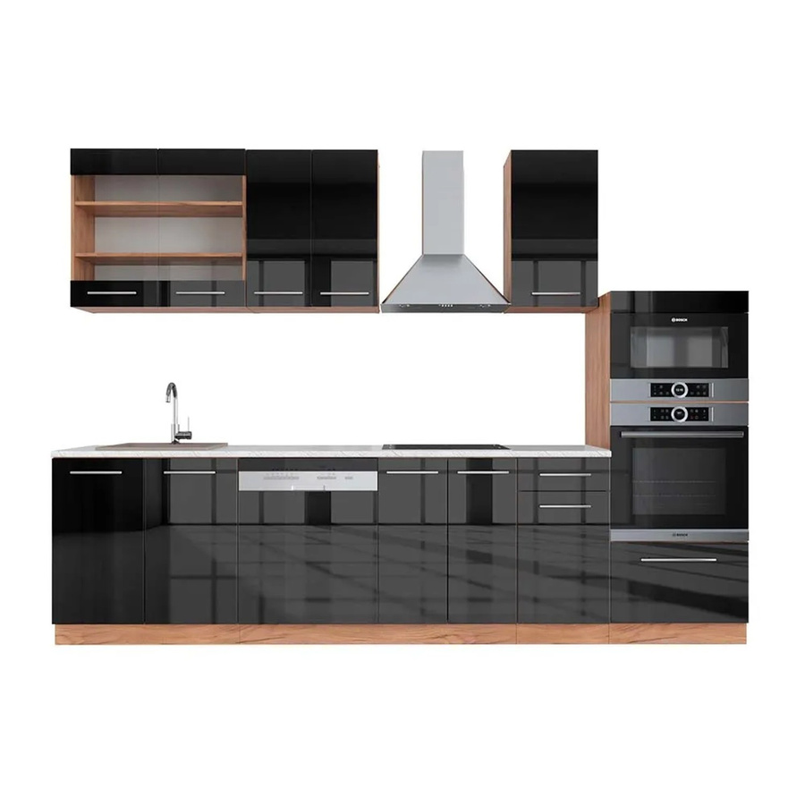 Vicco Fame-Line Küchenzeile Anthrazit Hochglanz und Goldkraft Eiche mit Hochschrank und Arbeitsplatte in Marmor-Optik, Breite: 300 cm - Bild 2
