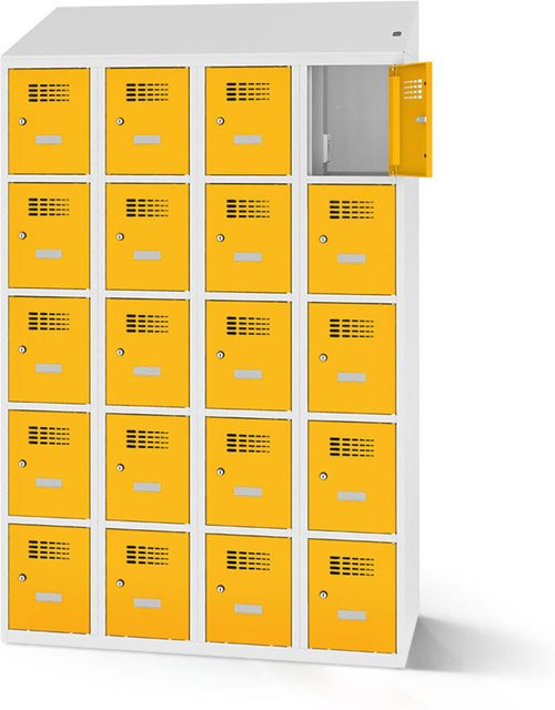 rotstahl Fächerschrank mit 20 Fächern und Ladefunktion, Farbe Gelb, Korpus Lichtgrau, B: 120 cm, H: 200 cm - Bild 1