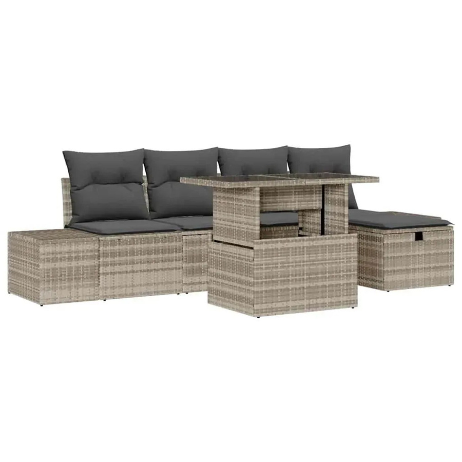 vidaXL Garten-Sofa-Set 7-teilig aus Poly-Rattan und Metall in Hellgrau mit Polstern und Ottoman für Terrasse und Garten - Bild 2
