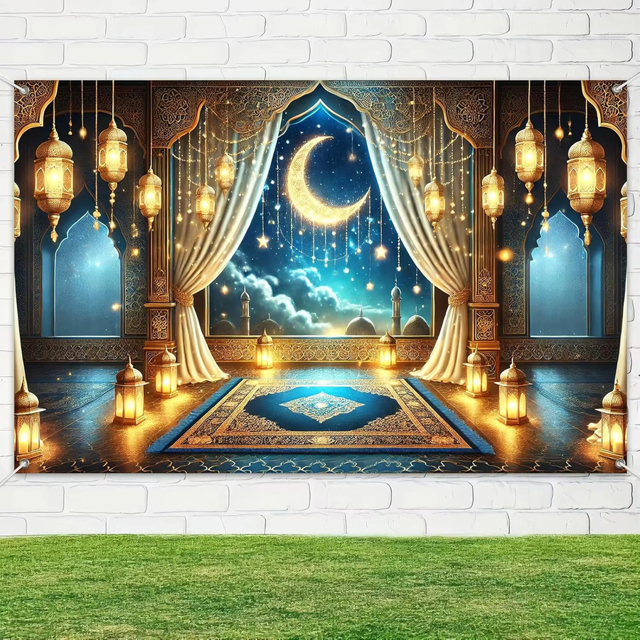 VIKAMA Ramadan Dekoration Banner mit Mond und Laterne als islamische Wanddekoration für Eid al Fitr und Familienpartys - Bild 3