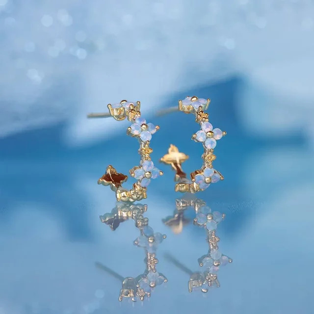 YUYAN Ohrring, blau, Blume, Kupfer, Gold, Zirkon, Damen - Bild 1