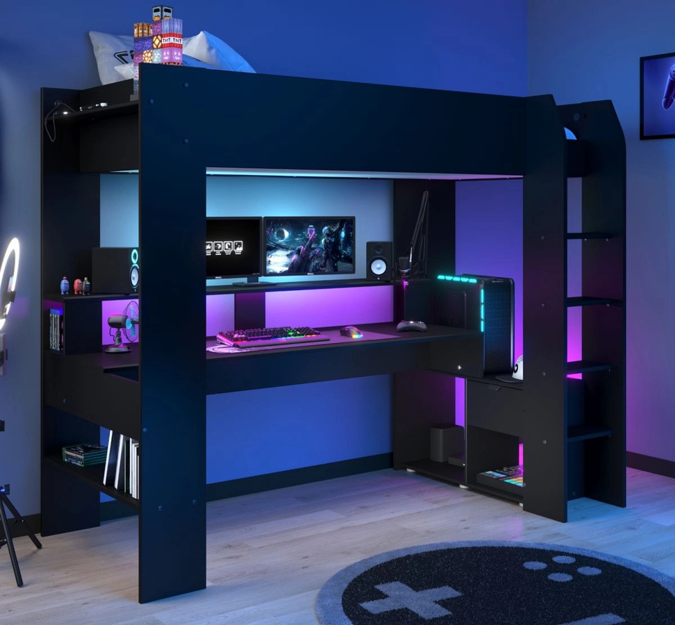 Parisot Möbel Hochbett Gaming in Schwarz mit USB-Ladeport, Nachttischregal und Unterbettbeleuchtung, B/T/H: 90 x 200 x 220 cm - Bild 1