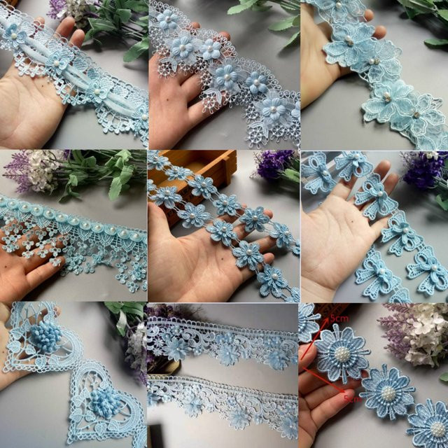 GXINUG Luxus Spitze Stoff mit blauen 3D Perlen Blumen Stickerei und Organza Tüll Band für DIY Nähen und Dekoration - Bild 1