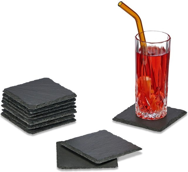 Relaxdays 10er Set Glasuntersetzer aus Schiefer in Anthrazit, B/T: 10 x 10 cm - Bild 1
