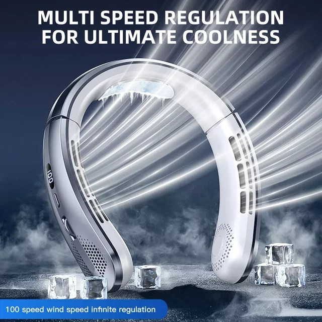 XMSJ Tragbarer Halsventilator mit 8000 mAh Akku, Blattloser Mini-Luftkühler mit LED Digital Display und USB-Ladefunktion, Blau - Bild 1