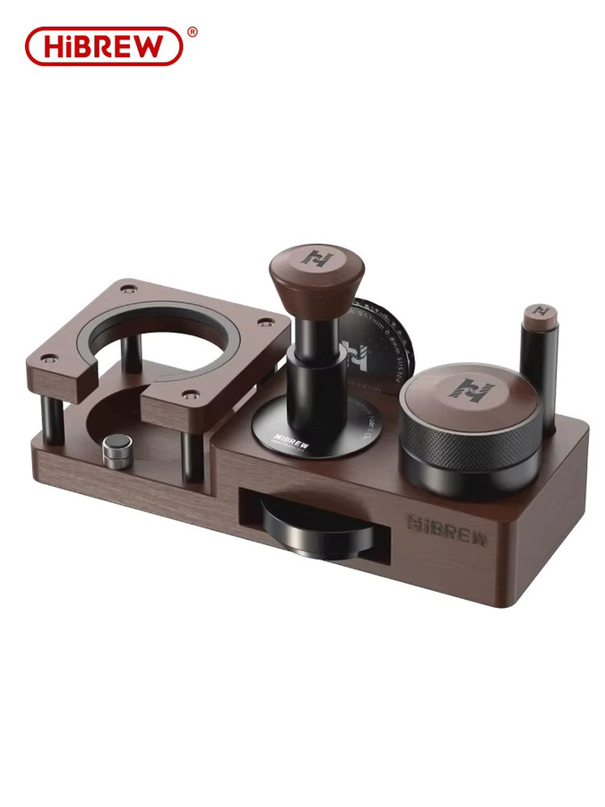 HiBREW Barista-Set Kaffeezubehör mit Holzsockel in Braun, bestehend aus Kaffee-Stampfer, Siebträgerhalter, Kaffeeverteiler und Dosierring, 58 mm - Bild 7