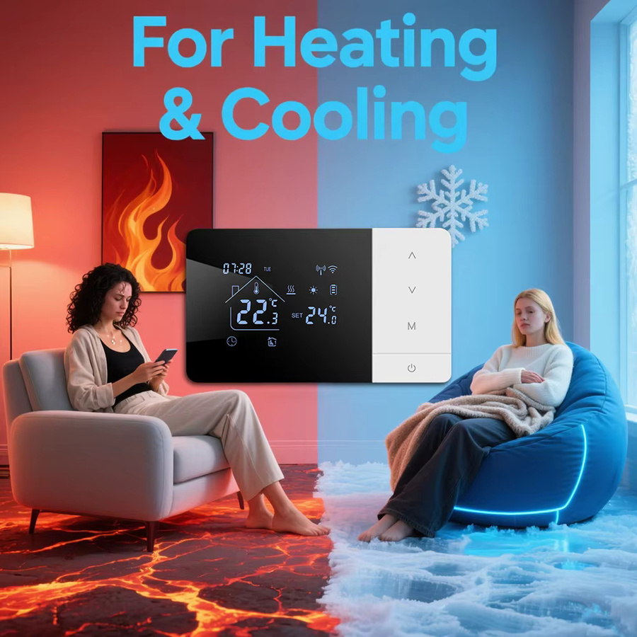 Tuya Smart Heiz- und Kühlthermostat für Gaskessel, batteriebetriebener Temperaturregler mit App-Steuerung und Alexa-Integration, Schwarz - Bild 3