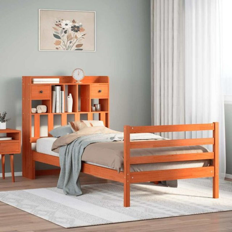 Massivholzbett aus Kiefer mit Regal von Vidaxl, Farbe Braun, B/T/H: 75 x 190 x 110 cm - Bild 1