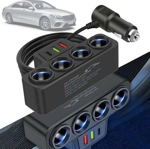 120W Auto Zigarettenanzünder Adapter mit 4 Steckplätzen, USB QC3.0 und PD3.1 Anschlüssen, Schwarz, 12V/24V kompatibel - Bild 1