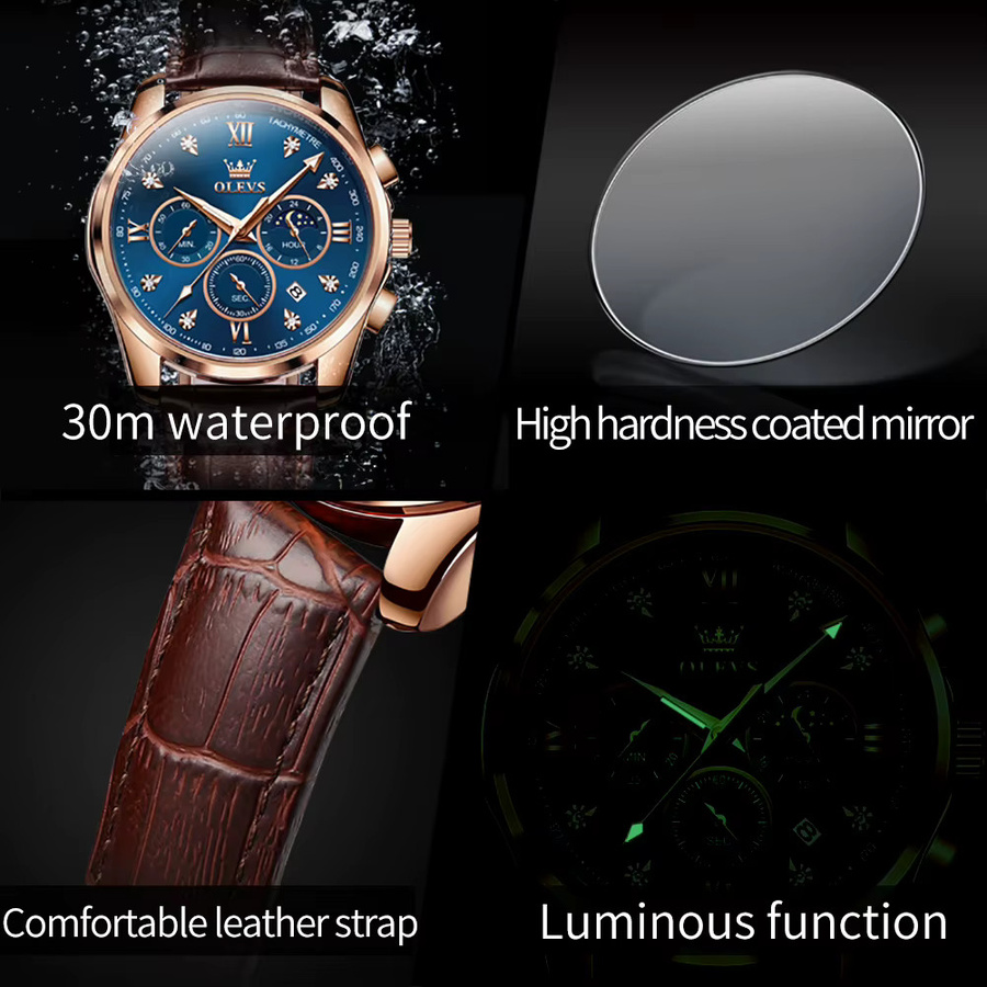 OLEVS Armbanduhr Chronograph, Quarz, Leder, Blau, Herren - Bild 3