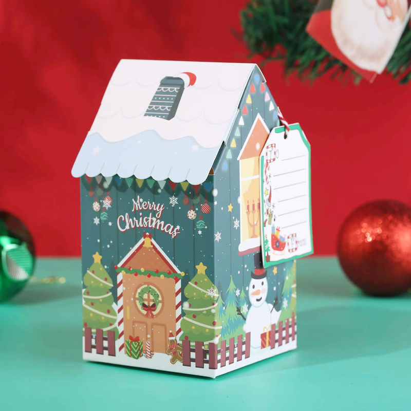 50 Stück Weihnachts Geschenkboxen aus Papier mit Schneemann und Lebkuchenhaus Motiv in Grün und Mehrfarbig - Bild 5