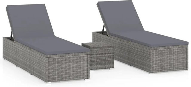 Furnicato 3-teiliges Garten-Set mit Sonnenliegen und Teetisch aus grauem PE-Rattan und pulverbeschichtetem Stahl - Bild 1