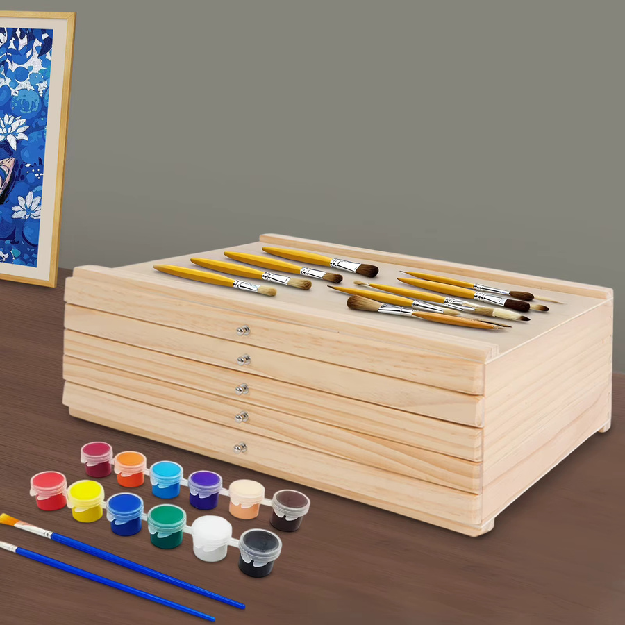 5-stufige Schubladen-Aufbewahrungsbox aus Holz in Beige als Schreibtisch-Organizer für Künstlerbedarf, Schmuck und Schreibwaren, B/T/H: 40 x 25,5 x 12,3 cm - Bild 2