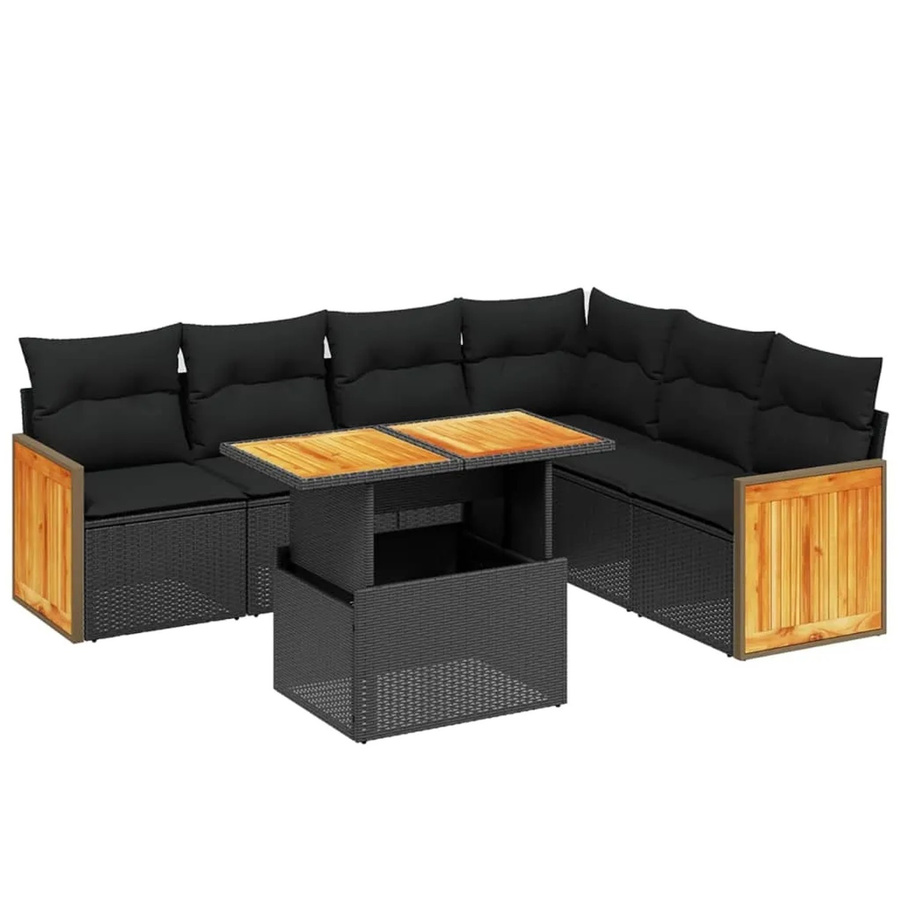 vidaXL 7-teilige Garten-Sofagarnitur aus Poly-Rattan und Akazienholz in Schwarz mit Kissen - Bild 2