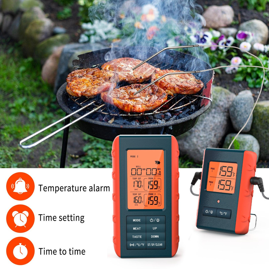TOMTOP JMS Kabelloses digitales Fleischthermometer mit 2 Sonden in Orange zum Grillen und Kochen - Bild 2