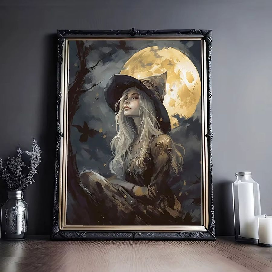 Potdemiel Dark Academia Wandkunst Leinwand im Gothic Stil mit schwarzer Katze, Krähe und Halloween Motiven - Bild 3