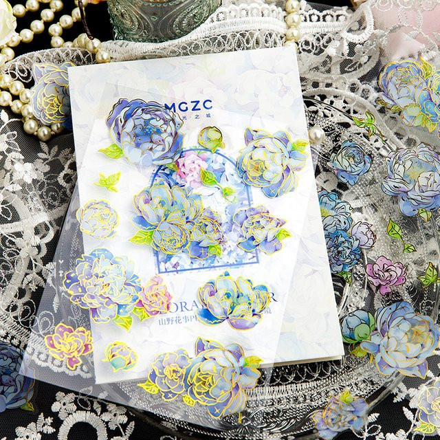 2 Stück Scrapbooking-Aufkleber mit Glitzerblumen und Pflanzen in Mehrfarbig, dekorative PET-Aufkleber für dein DIY-Handbuch - Bild 1
