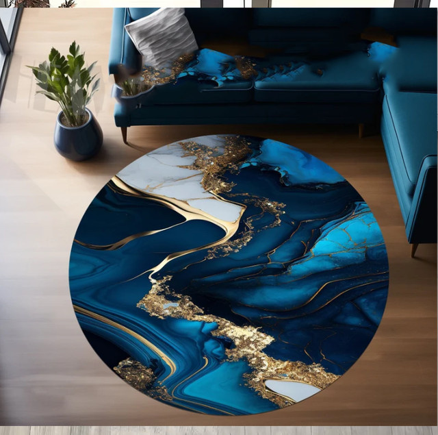 Runder Teppich mit Blumenmuster und Marmor-Design in Blau, Weiß, Gold und Grün, rutschfest, ideal für Wohnzimmer und Schlafzimmer - Bild 1