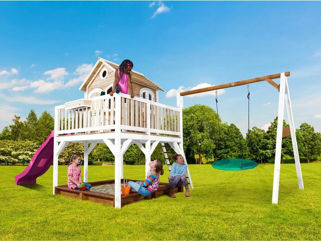 Axi Liam Spielhaus mit Summer Nestschaukel und Rutsche in Braun, Weiß und Lila, B/H/T: 613 x 291 x 277 cm - Bild 1